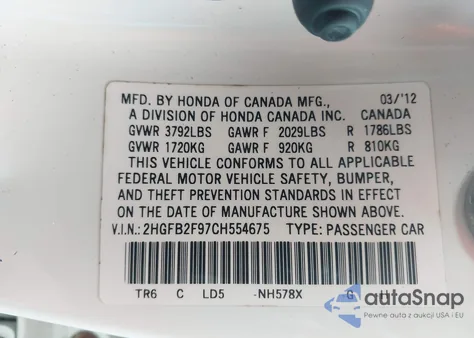 2012 Honda Civic Ex-L from USA, damaged, VIN 2HGFB2F97CH554675